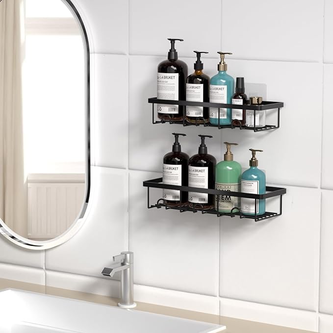 Shower Shelves for Inside Shower, 2 Pack Adhesive Bathroom Caddy Organizer Basket Rack for Storage and Organization, Wall Suction Bath Bathtub Shampoo Holder Set for RV Camper, Black