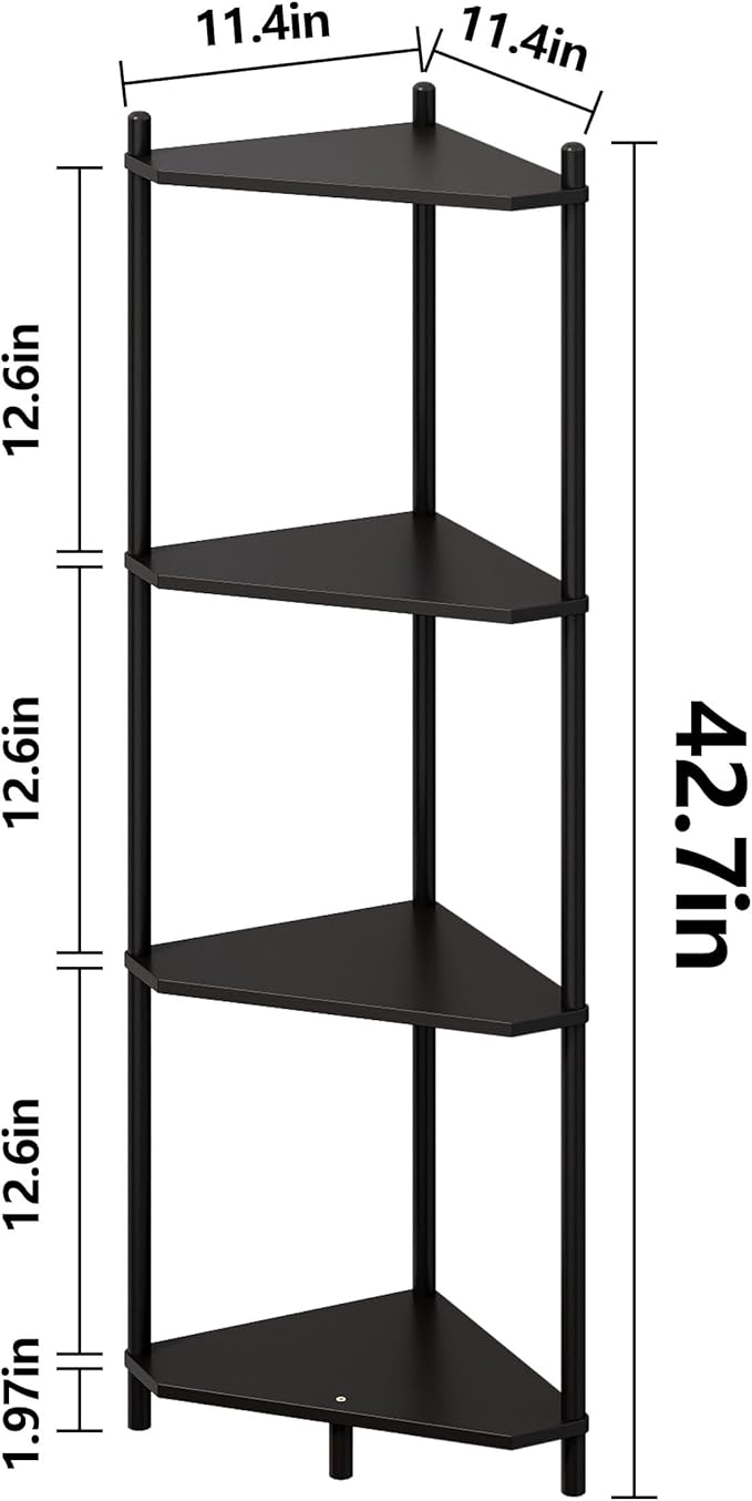 Corner Shelf Stand - 3 Tier Bamboo Small Corner Bookshelf for Office Kitchen Bedroom Plant Stand Living Room Decor Small Space (Black, 4 Tier)