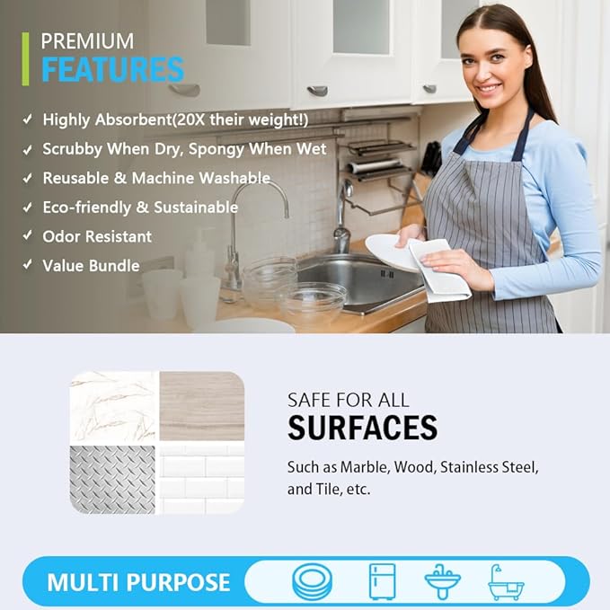 AIDEA Swedish Dishcloths for Kitchen, 10PK, White, Absorbent Sponge Dish Cloth, Dishcloths for Washing Dishes, Reusable Paper Towels Dish Cloths, Swedish Towels for Home, Kitchen, Glass, 7" x 6"