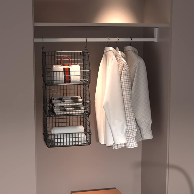 Stackable Wire Storage Baskets for Kitchen Closet Pantry, Hanging Closet Organizers Storage Shelves Organization, Wall Mount Metal Basket Bins, Clothing Vegetable & Fruit Organizer 5 pcs