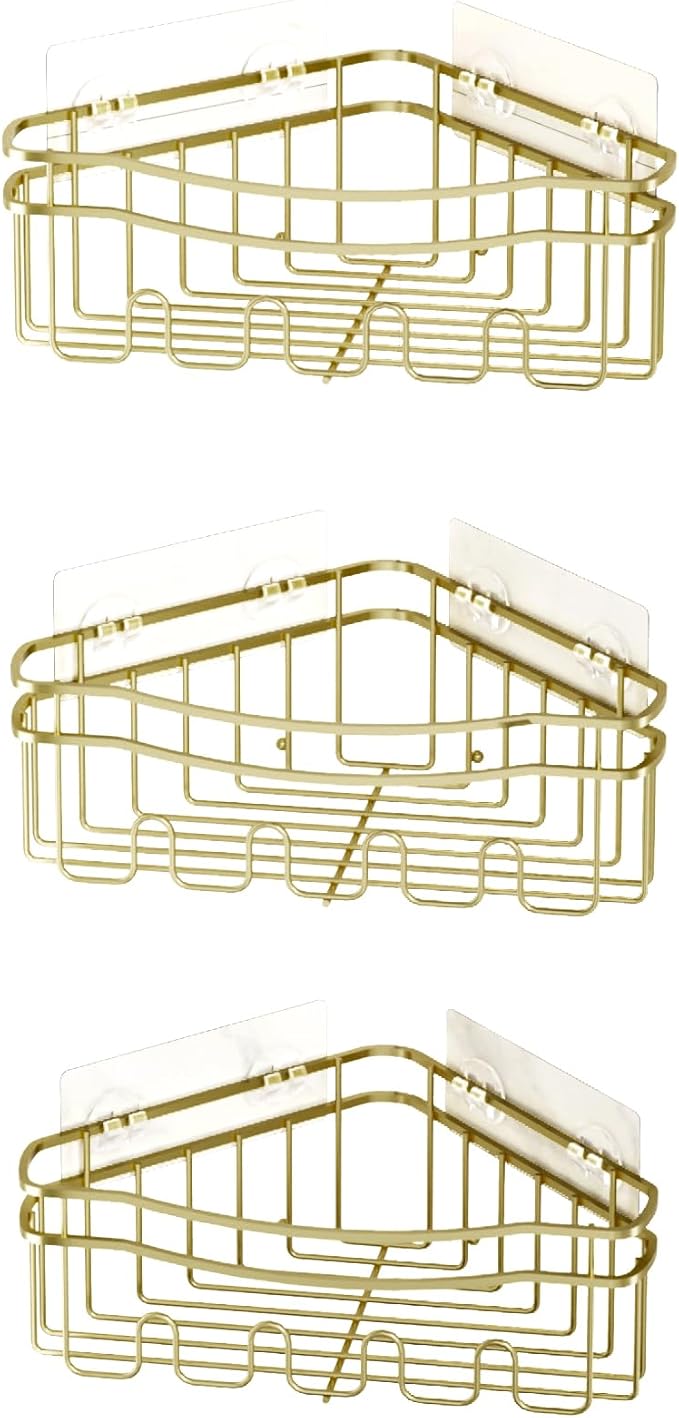 Gold corner shower caddies with depth caddy and Built in 12 hooks rustproof wall mounted No drilling No marring adhesive bathtub corner organizer for bathroom kitchen and laudry room