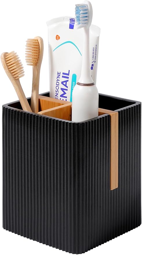 rejomiik Toothbrush Holders for Bathrooms Countertop, 3 Slots Electric Tooth Brushing and Toothpaste Storage Organizer Stand for Toiletries and Beauty Accessories, Black