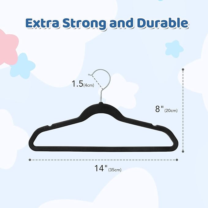 Smartor Premium 14 Inch Kids Hangers 50 Pack, Black Baby Velvet Hanger, Non Slip, Space Saving Felt Hangers Clothes Organizers for Closet with 360° Swivel Hook for Children, Toddler & Teens