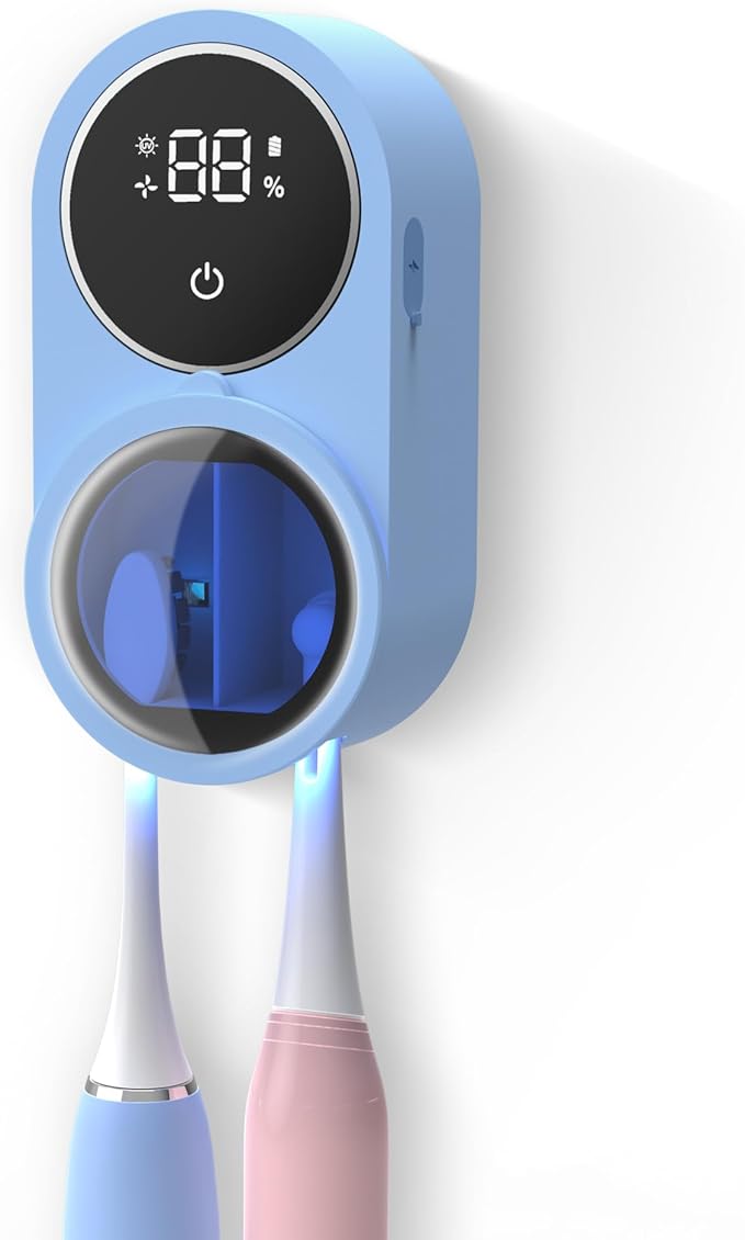 Biodzzs Toothbrush Holder and Cleaner for Bathroom Light Cleaning Fan Drying Round in Circle Automatic Rotating Cover Wall Mounted Smart Home Gadgets (02 Blue)