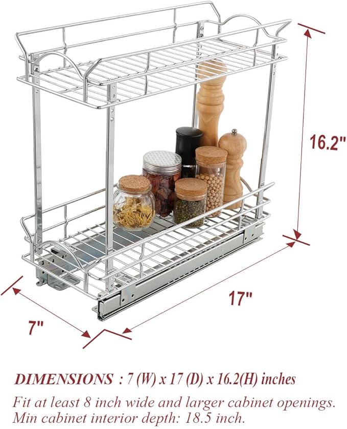 OCG Slide Out Cabinet Organizer for Narrow Cabinet (7" W X 17" D), 2 Tier Pull Out Shelves Slim Sliding Cabinet Organizer and Storage, Chrome