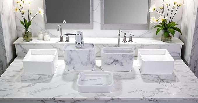 Hymmah Marble Pattern Bathroom Accessories Set, Toothbrush Holdr Set, 3 Pieces Resin Bathroom Set with Toothbrush Holder, Soap Dispenser, Soap Dish,Tumbler (Marble)