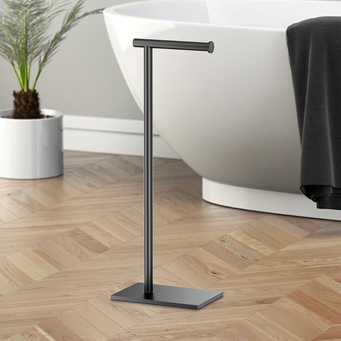 Gatco 1431MX Modern Square Base Toilet Paper Holder Stand, Matte Black, 22.25" H