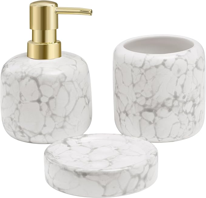Navaris Ceramic Bathroom Sink Accessories Set - Complete 3pc White Marble Effect Accessory Set - Soap Dispenser, Toothbrush Holder & Tray - Sets for Bathrooms and Kitchen Sinks
