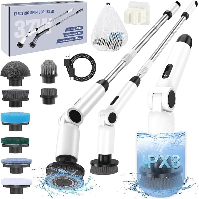 Homtronics Electric Spin Scrubber, [IPX8 Waterproof ] [50KG Torque] Shower Scrubber with 9 Brush Heads, 2 Speed Mode, 4 Adjustable Angles, Electric Brush for Cleaning for Bathroom Floor Tile