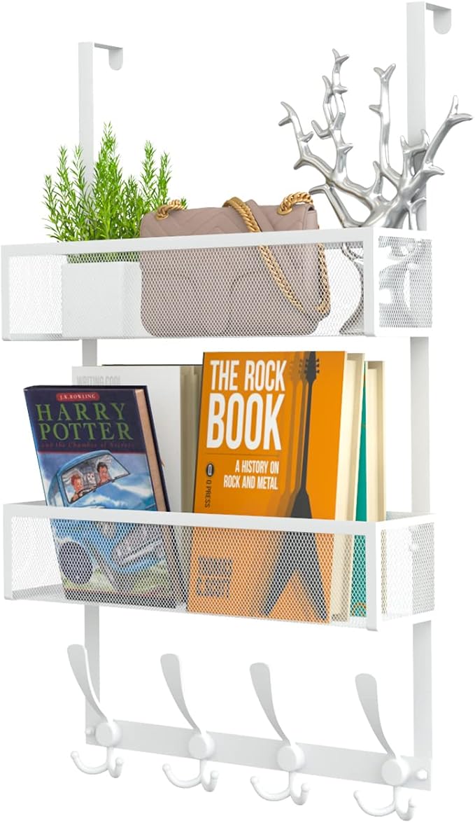 Kaiferty Over The Door Hooks Organizer,Coat Rack with 12 Hooks and 2 Mesh Baskets,Back of Door Storage Organizer for Bathroom,Bedroom,Kitchen,Office(White)