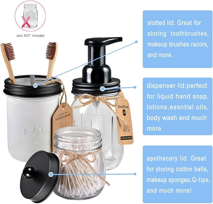 Mason Jar Bathroom Accessories Set(4pcs)-Jars Not Included - Foaming Soap Dispenser and Apothecary Jars Lids for Regular Mouth jar, Wide Mouth Toothbrush Holder lid, Farmhouse Decor-Black