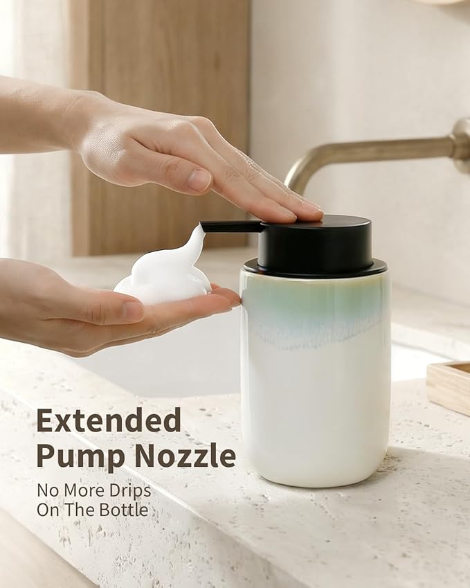BosilunLife Hand Soap Dispenser - Foam Soap Dispenser Bathroom Ceramic Dish Liquid Soap Dispenser for Kitchen, Bathroom Countertop Soap Dispensers (White with Blue-Green Rim Foam Pump)