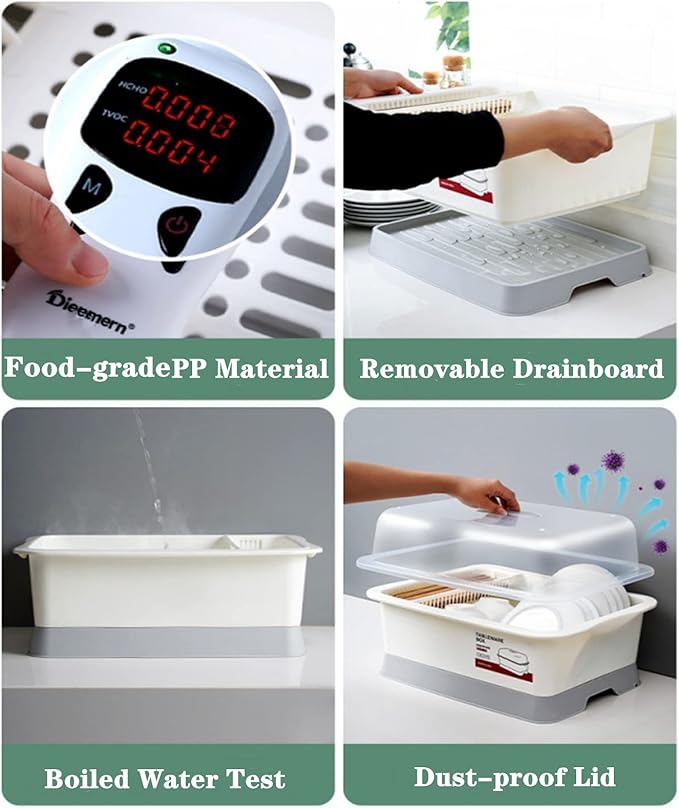 Lyellfe Plastic Dish Drying Rack, Bottle Dryer Holder with Cover Lid and Removable Drainboard, White Utensil and Cup Holder for Kitchen Counter, Dish Dryer Shelf, Medium Size