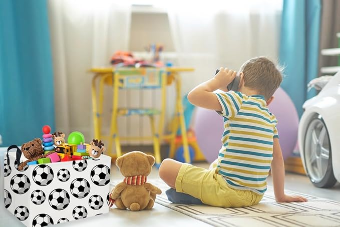 Rectangular Soccer Basket,Easter Baskets for Kids .Waterproof PE Coating Cute Bins with Handles.Boys Basket,Toys Box,Books Baskets,Gifts Box. (Soccers)