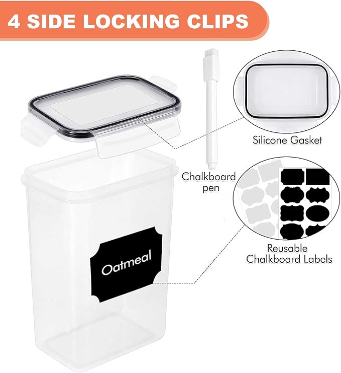 stusgo 24 Pack Airtight Food Storage Containers with Lids, Plastic Kitchen and Organization Canisters for Cereal, Flour and Sugar, BPA Free, Includes Spoons, Labels and a Pen