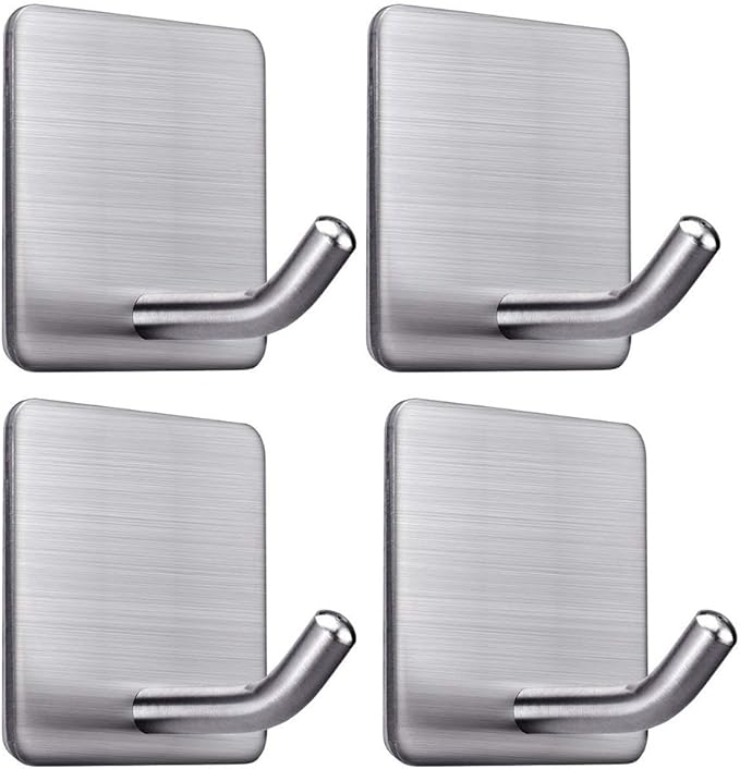 Heavy Duty Adhesive Towel Hooks Stick on Towel Hanger Wall Holder Waterproof Stainless Steel Sticky Hooks for Hanging Bathroom Kitchen Home-4 Packs