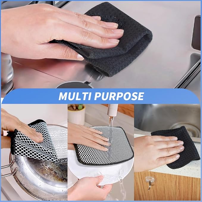 KinHwa Kitchen Washcloths for Dishes Absorbent Microfiber Dish Cloths Quick Dry Dish Rags with Poly Scour Scrub Side Ideal for Kitchen Cleaning (Dark-Black, 7inchx7inch 9 Pack)