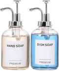 12oz Dish Soap Dispenser for Kitchen, Hand Glass Soap Dispenser Set with Pump, Tray, Funnel for Bathroom, Shower, Laundry, Liquid, Lotion (Silver 2 Pack Clear Bottles with 12 Stickers)