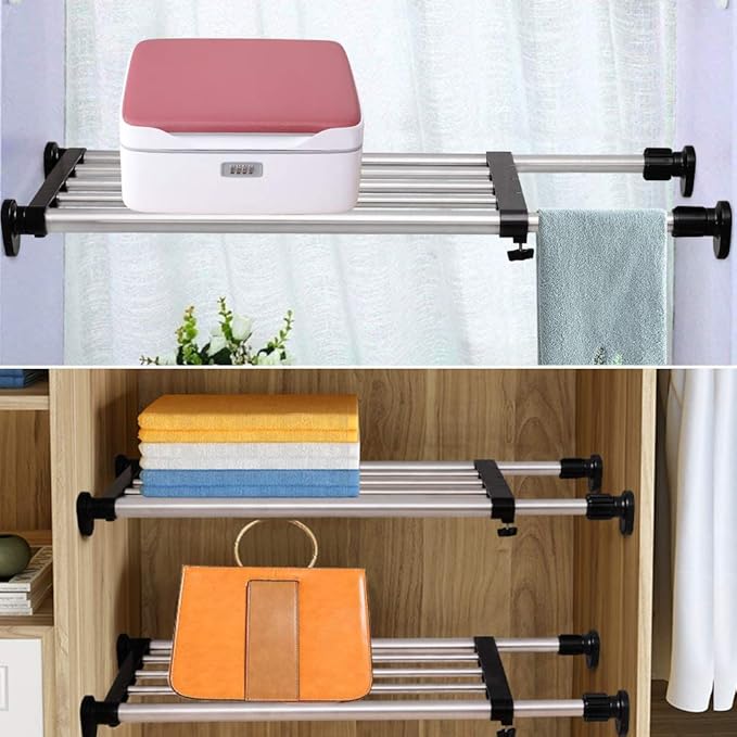BAOYOUNI Expandable Shelf Closet Tension Rod Adjustable Shelving Unit Storage Rack Organizer Hanger Space Saving Divider for Wardrobe, Cupboard, Kitchen, Bathroom Use, Black