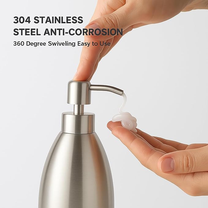 304 Stainless Steel Soap Dispenser 16oz Rust-Proof Liquid Soap Pump Bottle for Kitchen or Bathroom Countertop Hand Dish Lotion Leak-Proof (Stainless Steel)