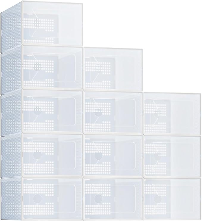 DUMOS Clear Shoe Storage Boxes, 12-Pack Plastic Stackable Shoe Containers with Lids, Display Sneaker Case Organizer for Closet, Under Bed, Entryway,White (Fit Size 9)