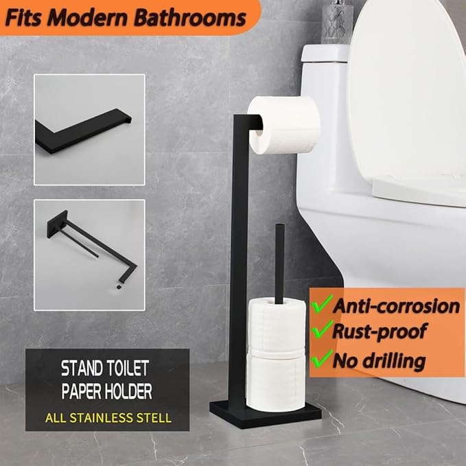 GERZWY SUS 304 Stainless Steel Toilet Paper Holder, Free Standing Lavatory Pedestal Toilet Paper Stand with Reserve, Matte Black DZY004-BK