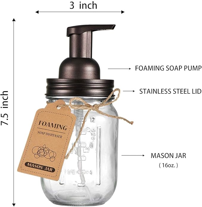 Amolliar Mason Jar Foaming Soap Dispenser, Rustproof Stainless Steel Lid, BPA Free Foam Pump, with Chalkboard Labels, Rustic Farmhouse Decor, Hand Soap Dispenser Bathroom Accessories, Bronze (1 Pack)