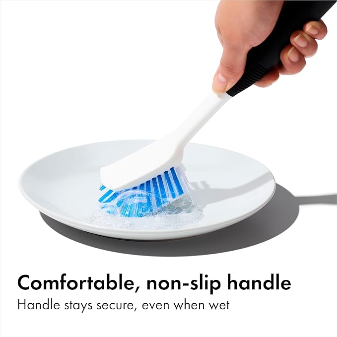 OXO Good Grips Dish Brush, Nylon Bristles with Built-in Scraper, Safe for Non-Stick Cookware, Non-Slip Handle, Dishwasher Safe