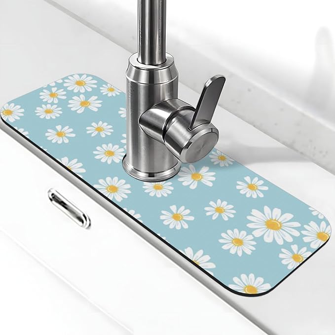 Beautiful Daisy Flower Floral Kitchen Sink Splash Guard Faucet Mat Super Absorbent Fast Drying Mat Sink Gadgets-Fast Drying Pad Sink Mat For Kitchen Bathroom (15" X 5.5" )
