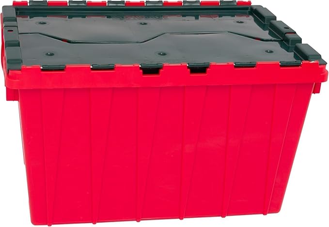 Akro-Mils KeepBox 12 Gallon Storage Container, Nesting and Stackable Plastic Storage Box with Lid Attached, Organizer Tote for Garages, Closets, and Moving, 21-1/2" x 15" x 12-1/2", Red/Green