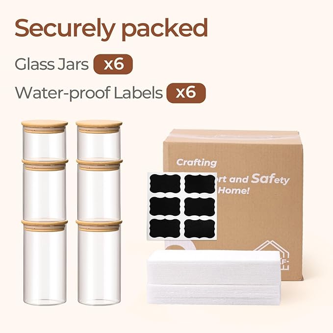 ComSaf Glass Storage Containers with Lids (0.6qt/1qt/1.5qt) Set of 6,Glass Pantry Storage Containers with Airtight Lid & lables for Dry Food, Snacks, Nuts, Stackable for Kitchen, Pantry Organization
