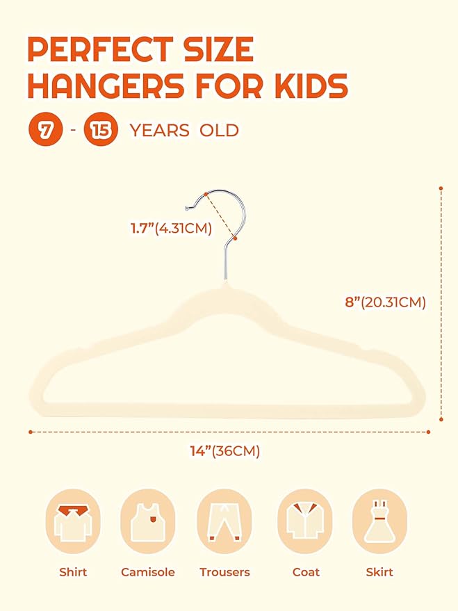 HOUSE DAY 14 Inch Kids Velvet Hangers 50 Pack, Durable Big Kid Hangers for Youth, Non Slip Kids Felt Hanger, Cute Childrens Hanger for Closet, Beige