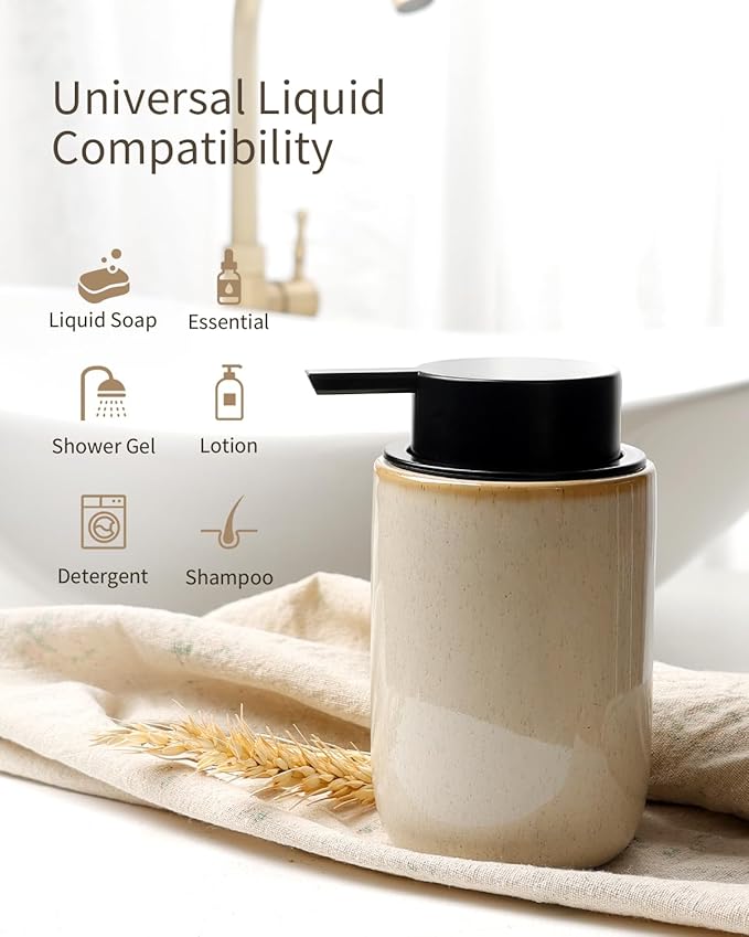 BosilunLife Lotion Pump Dispenser - Hand Soap Dispenser Bathroom Ceramic Dish Liquid Soap Dispenser for Bathroom, Kitchen, Countertop Soap Dispensers (Greige with Speckle, Liquid Pump)