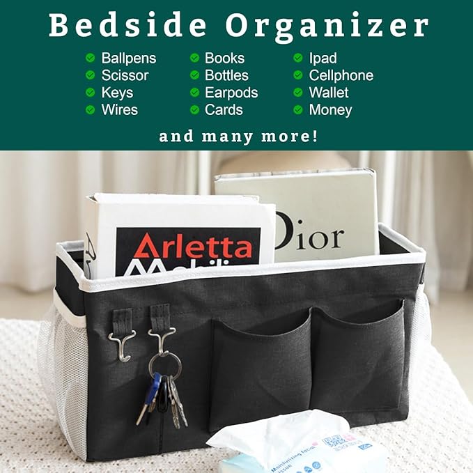 Bedside Caddy Organizer Hanging Storage Bag with Pockets for Books, Magazines, Phone, Tablet & Water Bottle – 2-Pack Bedside Storage for Dorm Rooms, Bunk Beds, Hospital Beds & Cribs, Black