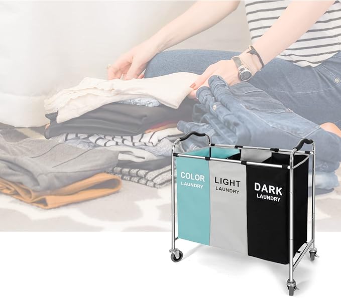 Laundry Basket, Large Laundry Hamper with Wheels, 3 Section Laundry Bag Organizer for Dirty Clothes; Dorm Room Essentials, Towel & Toys Storage Laundry Cart in Laundry Room Organization (Green)