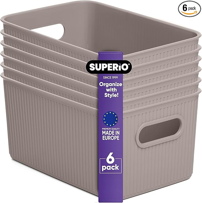 Decorative Plastic Basket Open Home Storage Bins Organizer Baskets, Medium Taupe (6 Pack) Container Boxes for Organizing Closet Storage Bins for Shelves Drawer Shelf - Ribbed Collection 5 Liter