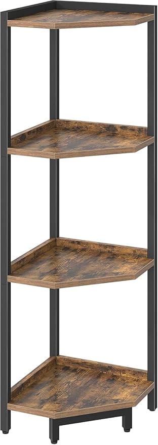 Corner Shelf Stand, Corner Bookshelf, Storage Standing Shelf Unit with Metal Frame, Plant Stand, Bookcase for Living Room, Home Office, Bedroom, 4-Tier Rustic Brown CS05801B