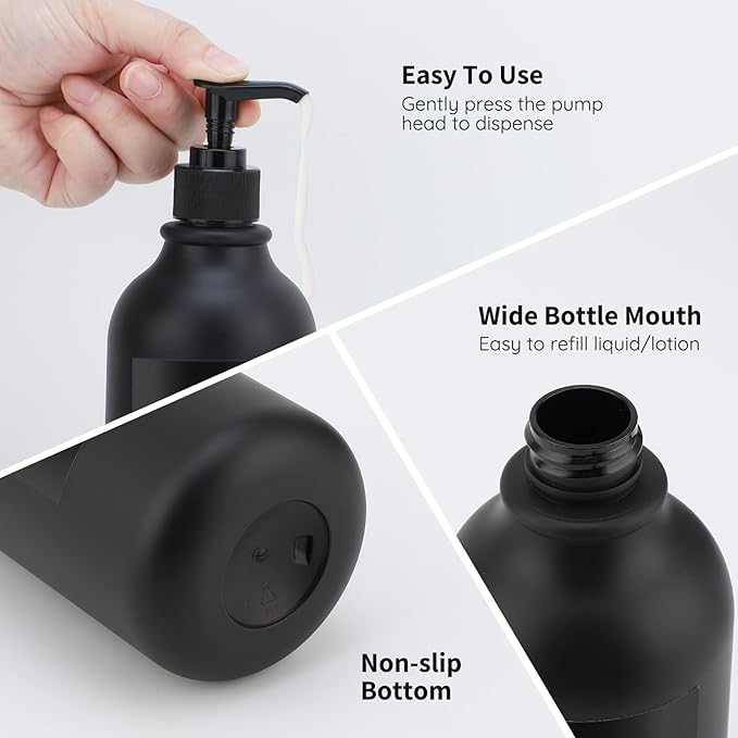 Segbeauty Matte Black Shampoo Dispenser, 2pcs 16.9oz Empty Refillable Pump Bottle with Labels, 500ml Plastic Press Lotion Dispenser Bathroom Shower Containers for Conditioner Hand Wash Gel Dish Soap