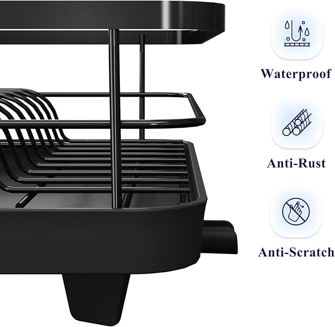 Kitsure Dish Drying Rack - Compact Dish Rack with Utensil Holder & Adjustable Water Outlet, Rust-Proof & Scratch-Resistant Drying Rack for Kitchen, 14.5" x 12.0" x 4.0", Black