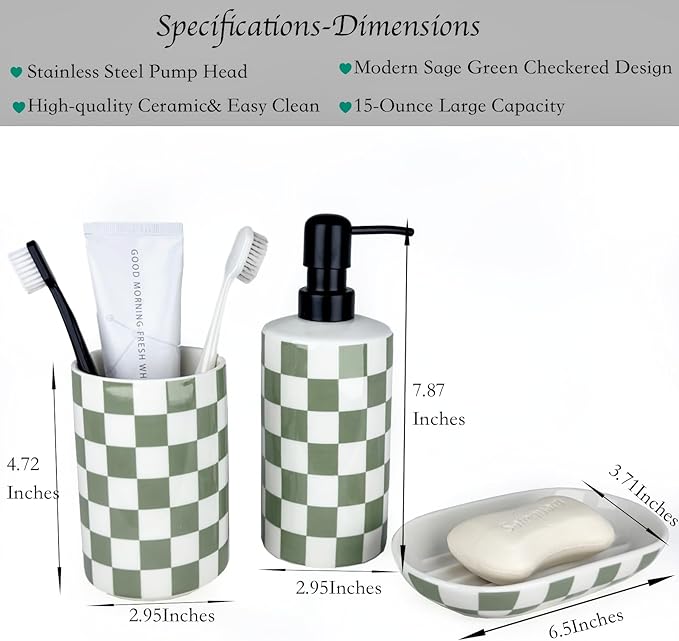 Bathroom Toothbrush Holder Set, Ceramic Soap Dispenser and Tooth Brush Holder and Soap Dish Set, Bathroom Accessories Sets Countertop, Sage Green Checkered Bathroom Decor Set