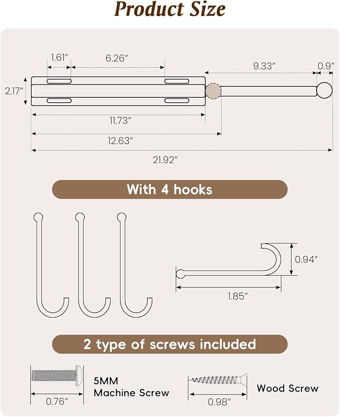 Valet Rod for Closets, 12" Valet Rod With 4 Hooks, Closet Organizer Slide Out Clothing Hanger Rods Extender Perfect for Suits,Dresses,Belt,Tie, Polished Chrome