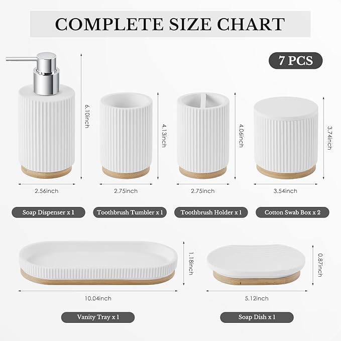 7PCS Bathroom Accessories Set, with Soap Dispenser, Q-tip Holder, Toothbrush Holder, Tumbler, Soap Dish, Vanity Tray, Complete Bathroom Accessory Set Organizer Countertop for Modern Home Decor, White