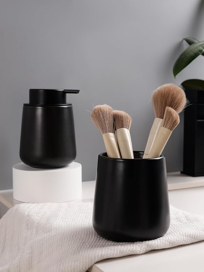 Bosilunlife Soap and Toothbrush Holder Set - Ceramic Bathroom Accessories Set Black Liquid Hand Soap Dispenser Set for Bathroom Toothbrush Holder and Soap Dispenser Set