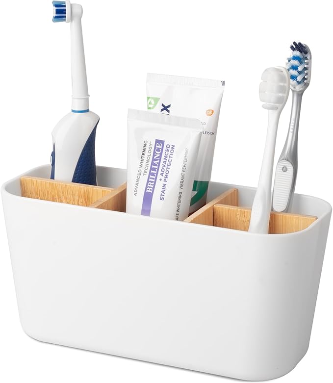 Toothbrush Holders for Bathrooms, Bamboo Tooth Brush Holder with 5 Slots Bathroom Vanity Organizer Countertop for Electric Toothbrushes, Toothpaste, Razors - White