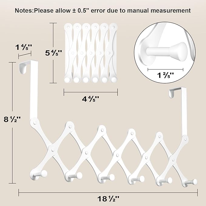 SCUNDA Expands Over The Door Hook Rack, Heavy Duty No Drill Hooks for Bathroom, Bedroom, Kitchen, Closet - Over The Door Hanger for Towels, Robes, Bags, Coats(White)