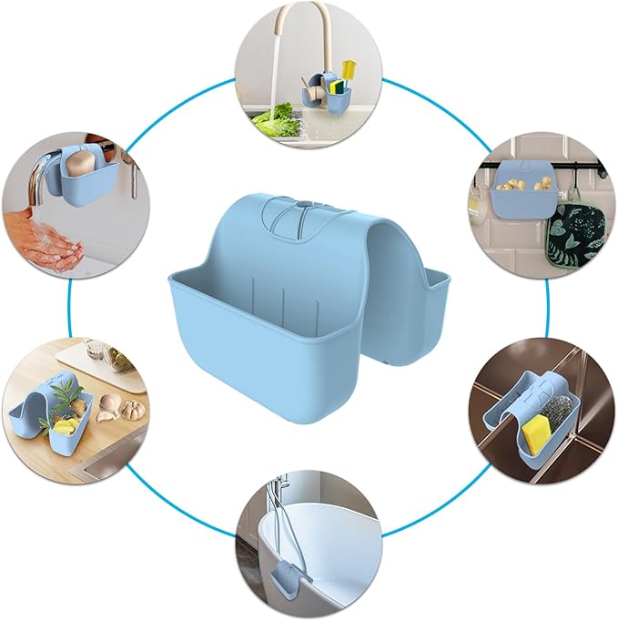 Sponge Holder for Kitchen Sink, Silicone Sink Saddle Caddy Organizer Rack, Sponges Holder Over Faucet, Hanging Kitchen Organizer Accessories Rack Basket - Light Blue