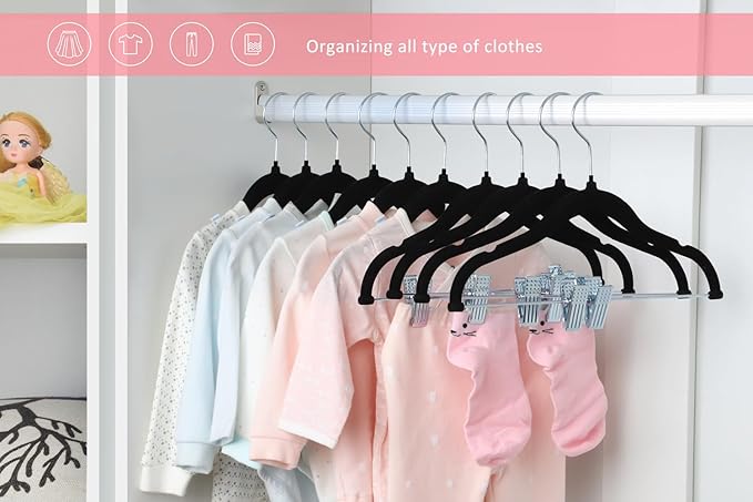 ManGotree 11.8'' Baby Velvet Hangers with Movable Clips, Non-Slip Kids Felt Hangers, Ultra-Thin Space-Saving Children's Clothes Hangers for Skirts, Pants, Dresses, Shirts, Jackets (28 Pack, Black)