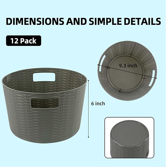 12-Pack Plastic Storage Baskets, Stackable & Nestable Organizer Bins for Toys, Clothes, Home (Gray - Circular)