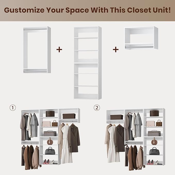 ROOMTEC Modular Closet System, 66" Wall-Mounted Closet Organizer with Hanging Rods, Modern Wooden Tower for Walk-In Closets, Wardrobe Storage Kit, White