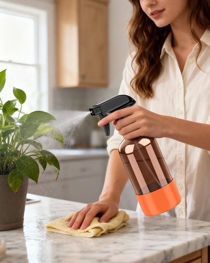 Amber Glass Spray Bottle with Silicone Sleeve Protection, 16 oz Refillable Spray Bottle for Cleaning Solutions, Plants, Aromatherapy, Facial Hydration (Orange Sleeve(Amber Bottle)
